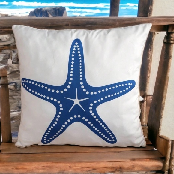 Pillow Cover Coastal Starfish Nautical Beach Zip Square White Blue 17.7 X 17.7 - Picture 4 of 13